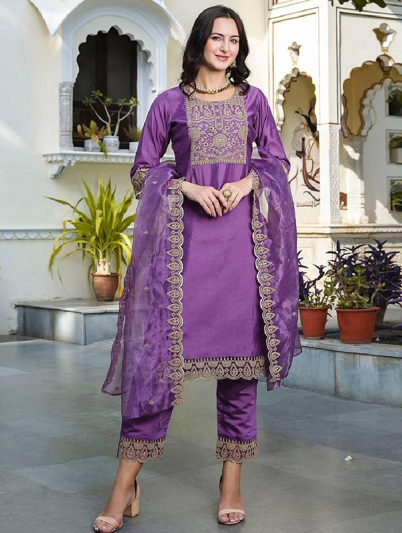 Silk blend purple casual wear embroidery work readymade salwar suit