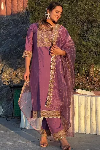 Silk blend dusty pink casual wear embroidery work readymade salwar suit