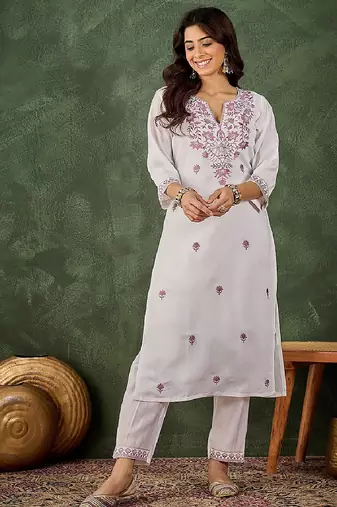 Roman silk blend lavender casual wear embroidery work readymade kurti with pant