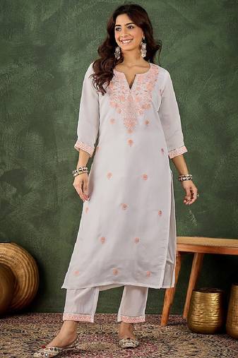 Roman silk blend peach casual wear embroidery work readymade kurti with pant
