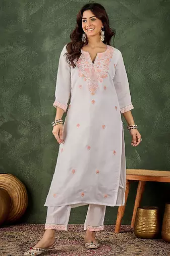 Roman silk blend peach casual wear embroidery work readymade kurti with pant