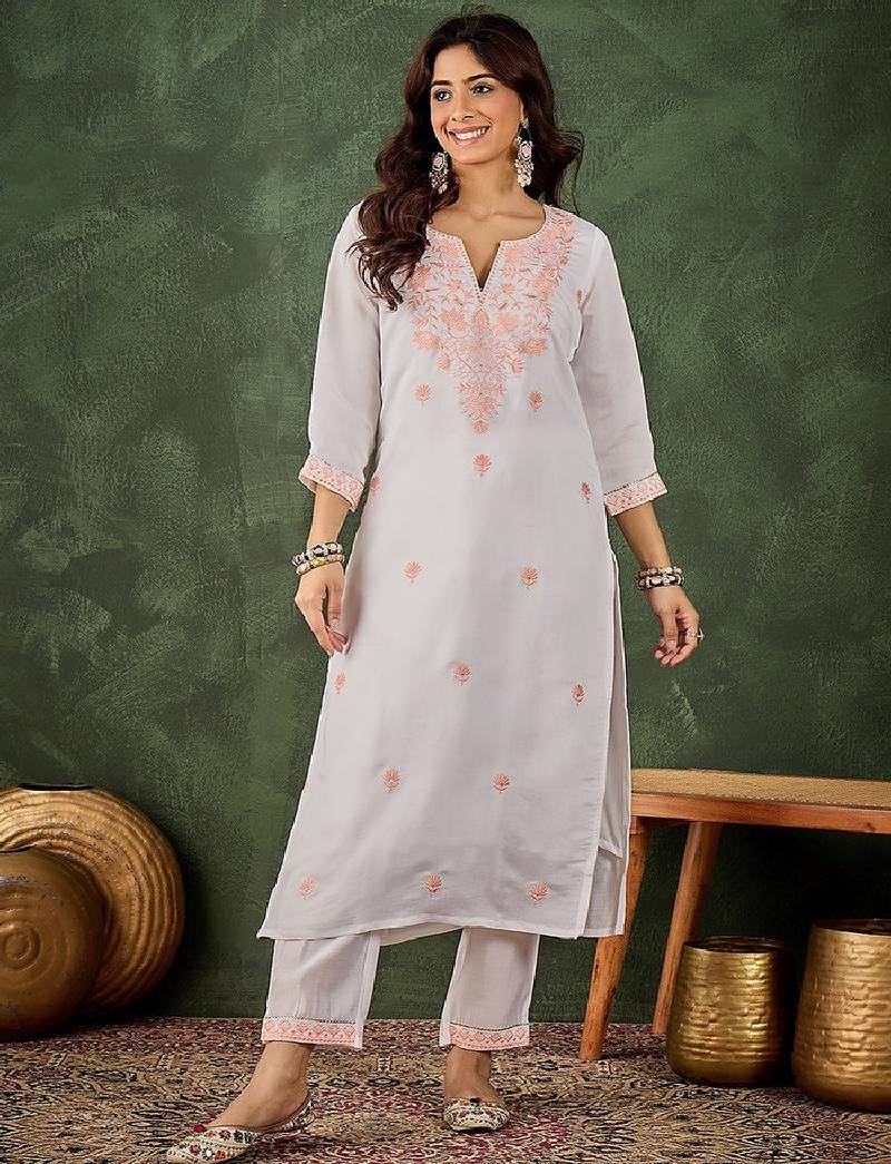 Roman silk blend peach casual wear embroidery work readymade kurti with pant