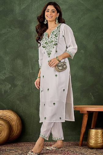 Roman silk blend green casual wear embroidery work readymade kurti with pant