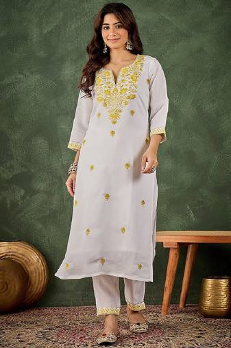 Roman silk blend yellow casual wear embroidery work readymade kurti with pant