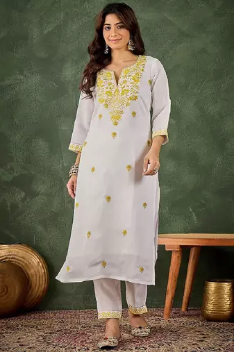 Roman silk blend yellow casual wear embroidery work readymade kurti with pant