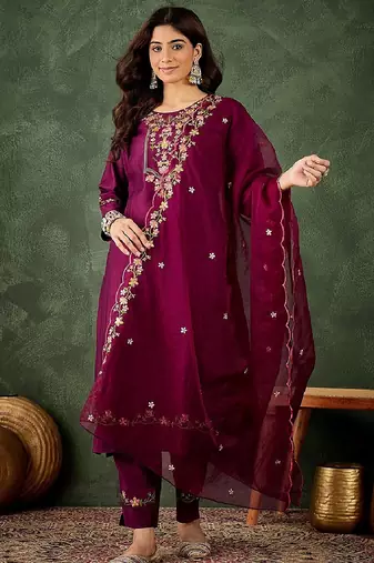 Viscose rayon dark magenta party wear embroidery work readymade salwar suit