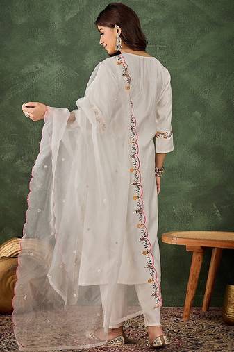 Viscose rayon white party wear embroidery work readymade salwar suit