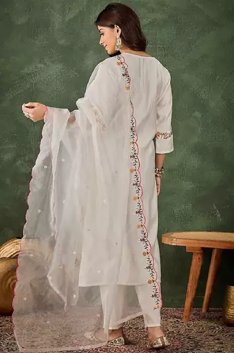 Viscose rayon white party wear embroidery work readymade salwar suit