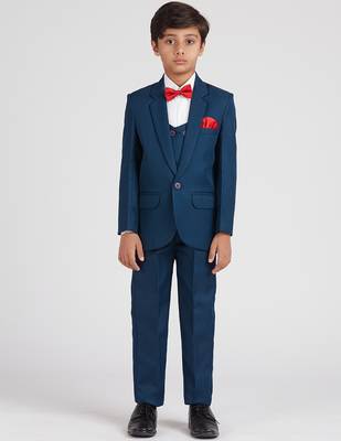 royal look in suit set full sleeves solid blazer, shirt, pant and waist coat with bow tie - tealblue 1