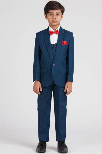 royal look in suit set full sleeves solid blazer, shirt, pant and waist coat with bow tie - tealblue