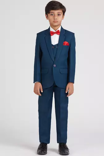 royal look in suit set full sleeves solid blazer, shirt, pant and waist coat with bow tie - tealblue