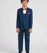 royal look in suit set full sleeves solid blazer, shirt, pant and waist coat with bow tie - tealblue