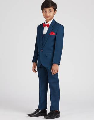 royal look in suit set full sleeves solid blazer, shirt, pant and waist coat with bow tie - tealblue 2