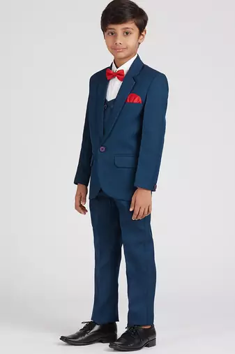 royal look in suit set full sleeves solid blazer, shirt, pant and waist coat with bow tie - tealblue