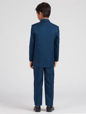 royal look in suit set full sleeves solid blazer, shirt, pant and waist coat with bow tie - tealblue 3