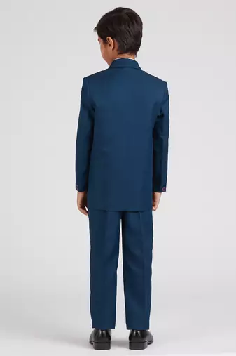 royal look in suit set full sleeves solid blazer, shirt, pant and waist coat with bow tie - tealblue