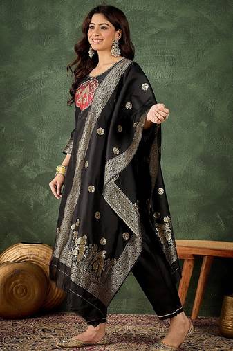 Silk blend black party wear banarasi woven work readymade salwar suit