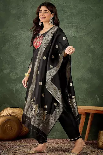 Silk blend black party wear banarasi woven work readymade salwar suit