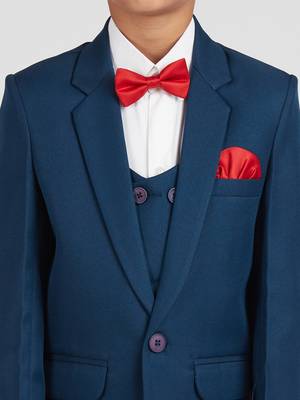 royal look in suit set full sleeves solid blazer, shirt, pant and waist coat with bow tie - tealblue 4