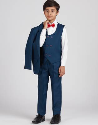 royal look in suit set full sleeves solid blazer, shirt, pant and waist coat with bow tie - tealblue 5