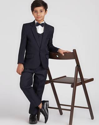 royal look in solid suit set full sleeves blazer, shirt, pant and waist coat with bow tie - navy blue 1