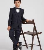 royal look in solid suit set full sleeves blazer, shirt, pant and waist coat with bow tie - navy blue
