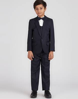 royal look in solid suit set full sleeves blazer, shirt, pant and waist coat with bow tie - navy blue 2
