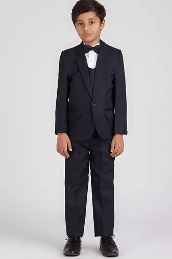 royal look in solid suit set full sleeves blazer, shirt, pant and waist coat with bow tie - navy blue