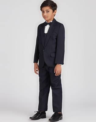 royal look in solid suit set full sleeves blazer, shirt, pant and waist coat with bow tie - navy blue 3