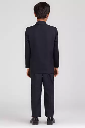 royal look in solid suit set full sleeves blazer, shirt, pant and waist coat with bow tie - navy blue