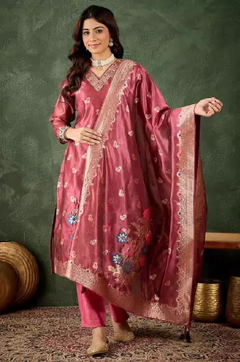 Organza silk pink wedding wear meenakari work readymade salwar suit