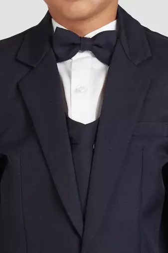 royal look in solid suit set full sleeves blazer, shirt, pant and waist coat with bow tie - navy blue