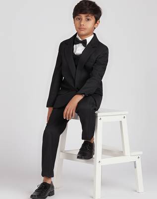 royal look in solid suit set full sleeves blazer, shirt, pant and waist coat with bow tie - black 1