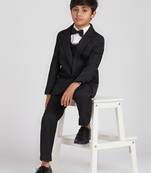 royal look in solid suit set full sleeves blazer, shirt, pant and waist coat with bow tie - black