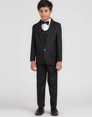 royal look in solid suit set full sleeves blazer, shirt, pant and waist coat with bow tie - black 2