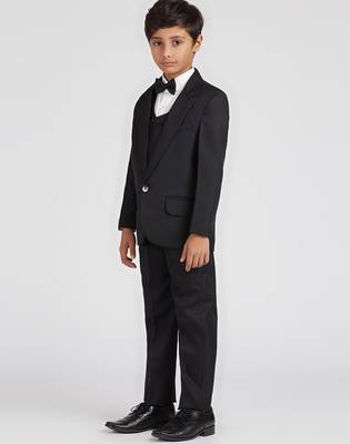 royal look in solid suit set full sleeves blazer, shirt, pant and waist coat with bow tie - black 3