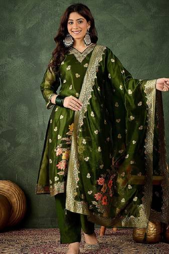 Organza silk dark green wedding wear meenakari work readymade salwar suit
