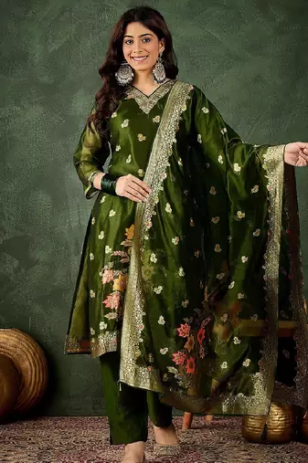 Organza silk dark green wedding wear meenakari work readymade salwar suit