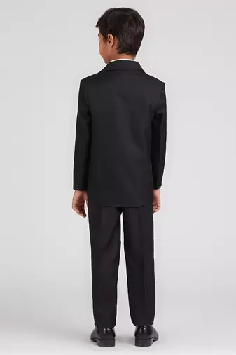 royal look in solid suit set full sleeves blazer, shirt, pant and waist coat with bow tie - black
