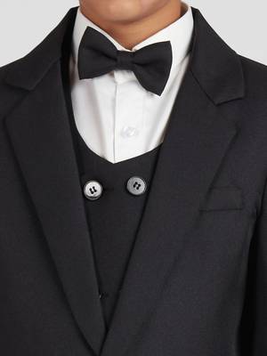 royal look in solid suit set full sleeves blazer, shirt, pant and waist coat with bow tie - black 5