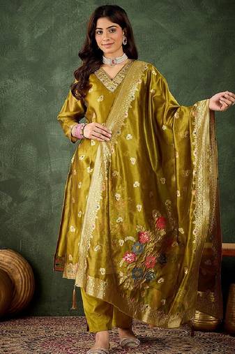 Organza silk mustard wedding wear meenakari work readymade salwar suit