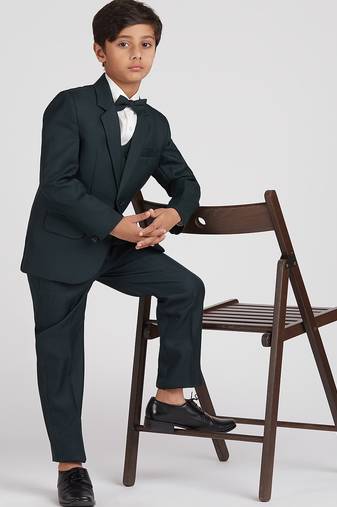 royal look in solid suit set full sleeves blazer, shirt, pant and waist coat with bow tie - bottle green