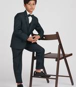 royal look in solid suit set full sleeves blazer, shirt, pant and waist coat with bow tie - bottle green