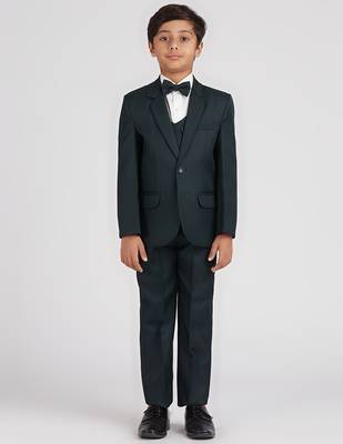 royal look in solid suit set full sleeves blazer, shirt, pant and waist coat with bow tie - bottle green 2