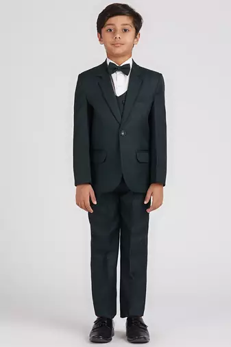 royal look in solid suit set full sleeves blazer, shirt, pant and waist coat with bow tie - bottle green