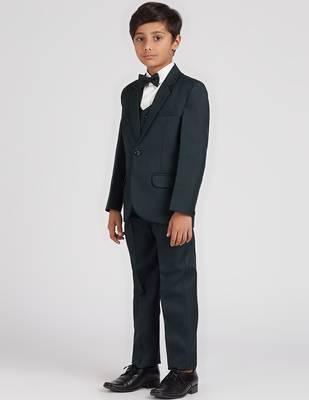 royal look in solid suit set full sleeves blazer, shirt, pant and waist coat with bow tie - bottle green 3