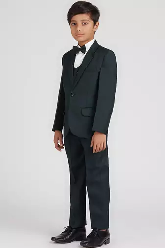 royal look in solid suit set full sleeves blazer, shirt, pant and waist coat with bow tie - bottle green