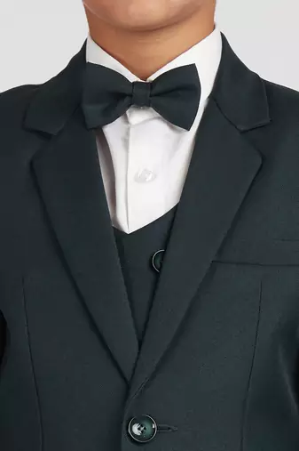 royal look in solid suit set full sleeves blazer, shirt, pant and waist coat with bow tie - bottle green
