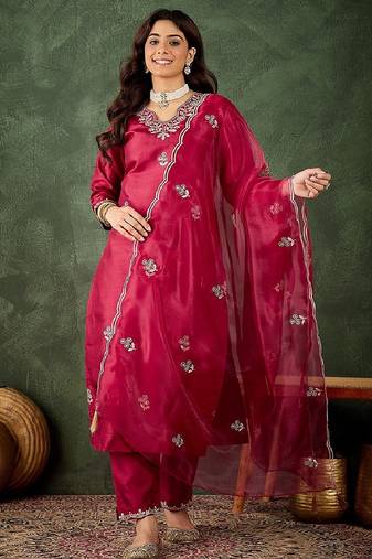 Silk blend cherry casual wear embroidery work readymade salwar suit