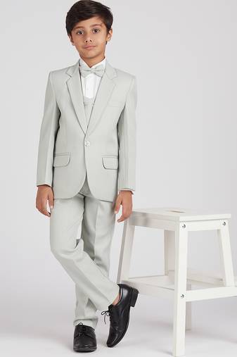 royal look in solid suit set full sleeves blazer, shirt, pant and waist coat with bow tie - pista green